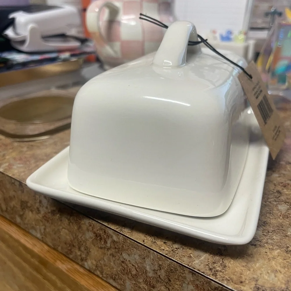 Creative Co-Op White Ceramic Butter Dish with Cow Design